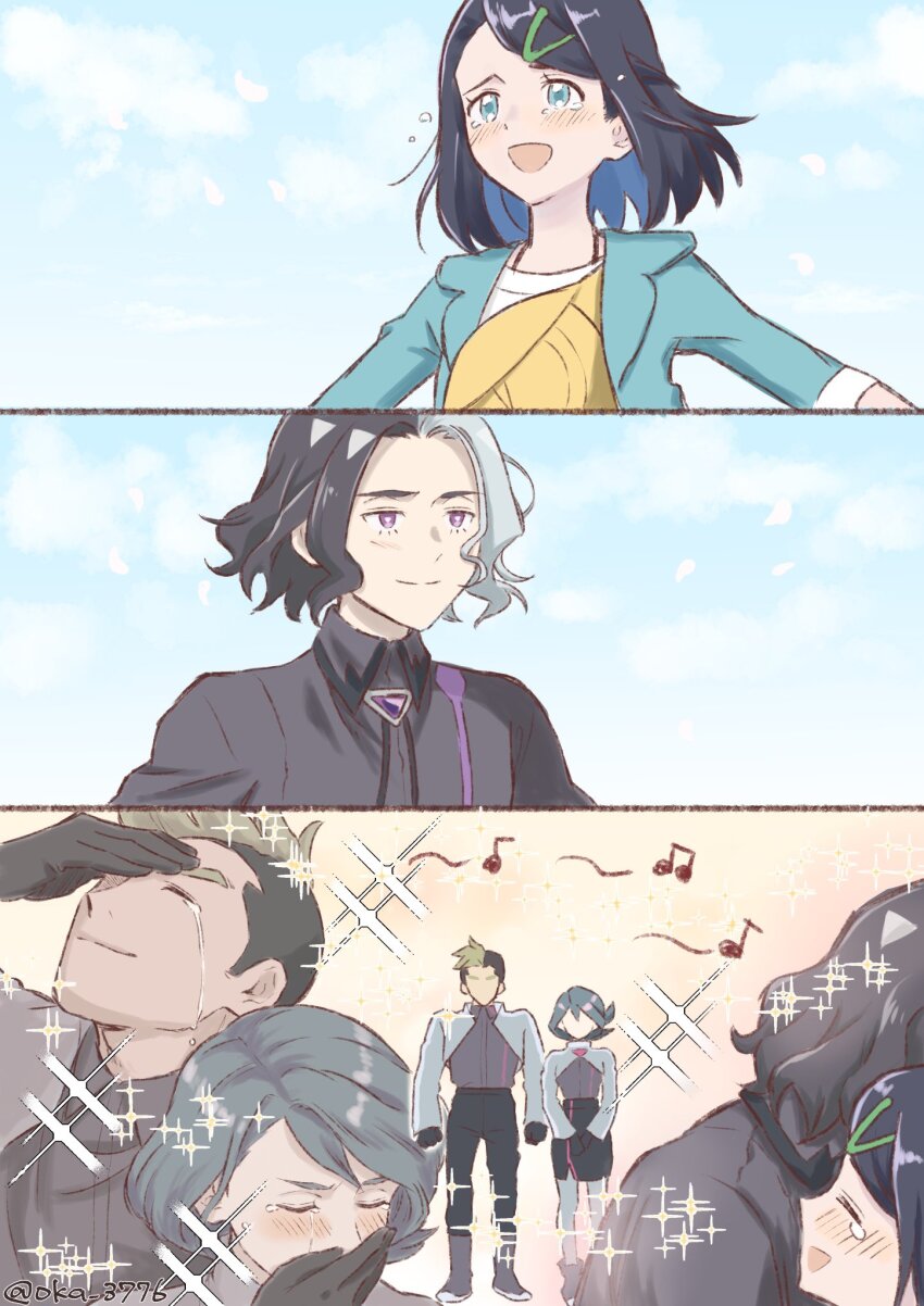 2boys, 2girls, 3koma, amethio_(pokemon), bag, black_hair, black_ribbon, blush