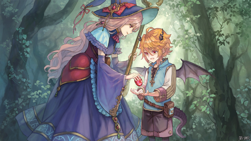 1boy, 1girl, :d, aged_down, belt, brown_hair, copyright_name, dairoku_ryouhei