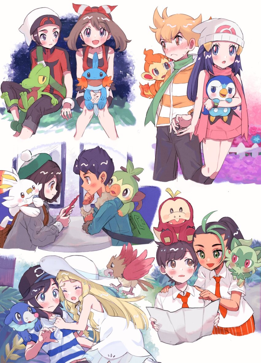 5boys, 5girls, :d, abe_(kumayu), barry_(pokemon), beanie, bird, blonde_hair