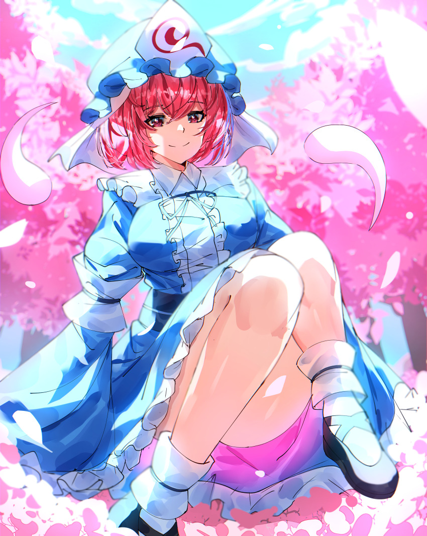 1girl, absurdres, black_footwear, blue_hat, blue_kimono, blue_sky, cherry_blossoms, closed_mouth