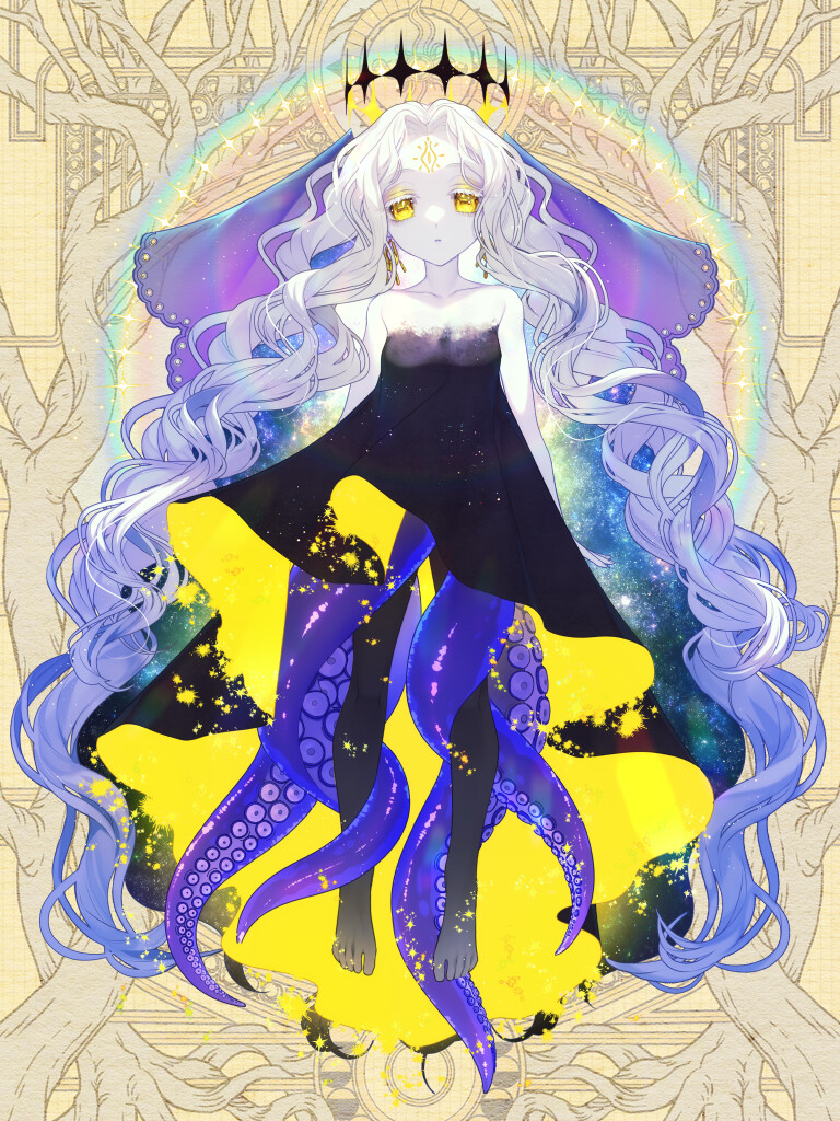 1girl, bare_shoulders, black_dress, black_pantyhose, crown, dairoku_ryouhei, dress, earrings