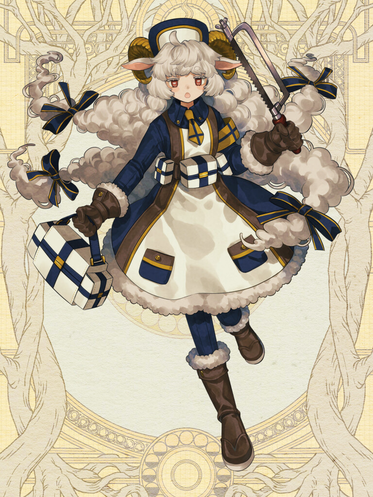 1girl, :o, animal_ears, armband, black_bow, bonesaw, bow, brown_footwear