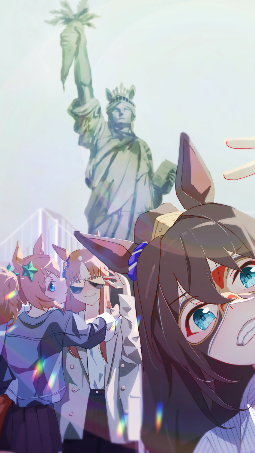 3girls, absurdres, adjusting_eyewear, alternate_costume, animal_ears, aviator_sunglasses, black_pants, black_skirt