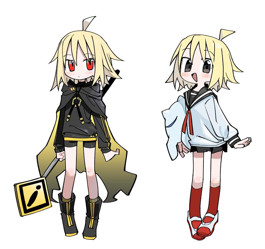 2girls, ahoge, bike_shorts, black_cape, black_eyes, black_sailor_collar, black_shirt, blonde_hair
