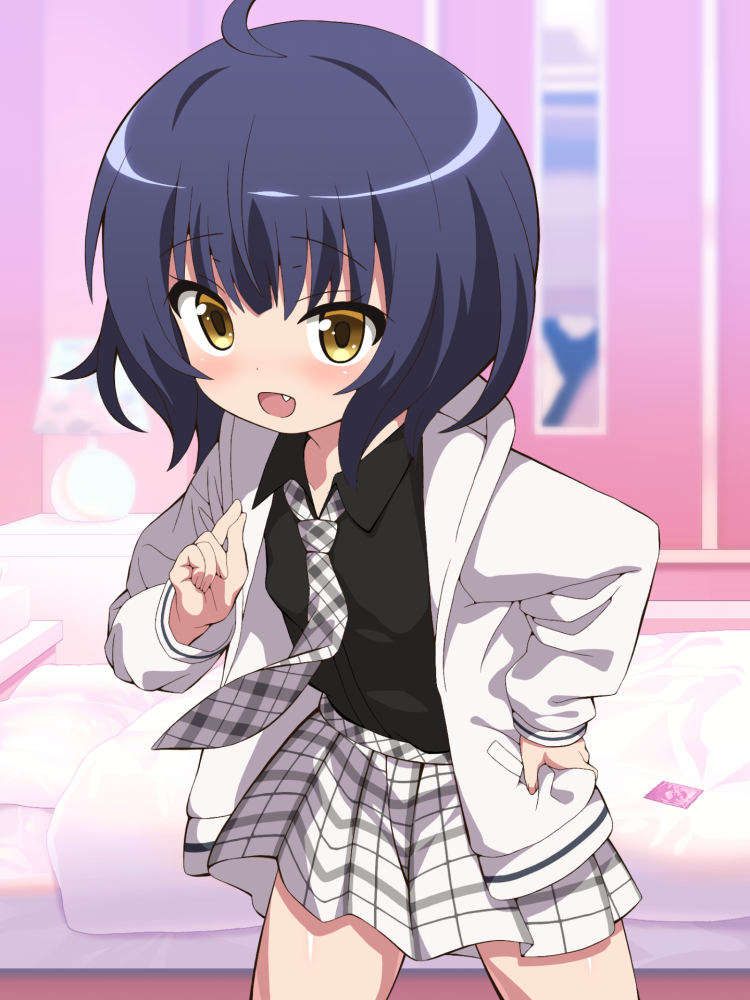 1girl, ahoge, bed, bedroom, before_and_after, black_shirt, blue_hair, collared_shirt, condom, dark_blue_hair, fang, gochuumon_wa_usagi_desu_ka?, hemonemo, hood, hoodie, indoors, jouga_maya, looking_at_viewer, necktie, open_clothes, open_hoodie, open_mouth, pillow, plaid_clothes, plaid_necktie, plaid_skirt, shirt, shirt_tucked_in, skirt, solo, tedeza_rize's_school_uniform, white_hoodie, white_skirt