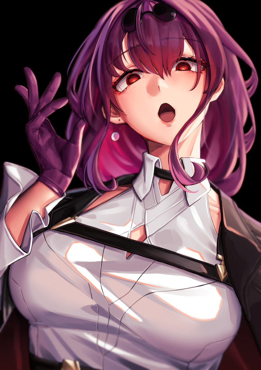 1girl, absurdres, black_background, black_choker, breasts, choker, commentary_request, eyewear_on_head