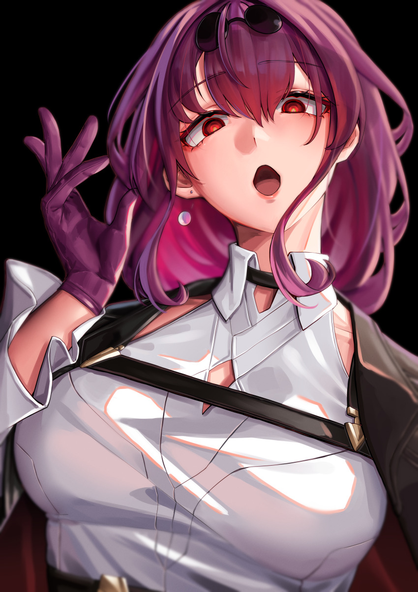 1girl, absurdres, bad_id, bad_pixiv_id, black_background, black_choker, breasts, choker, commentary_request, eyewear_on_head, hand_up, highres, honkai:_star_rail, honkai_(series), kafka_(honkai:_star_rail), large_breasts, long_hair, long_sleeves, looking_at_viewer, purple_hair, pyeong_il, red_eyes, shirt, simple_background, solo, sunglasses, upper_body, white_shirt