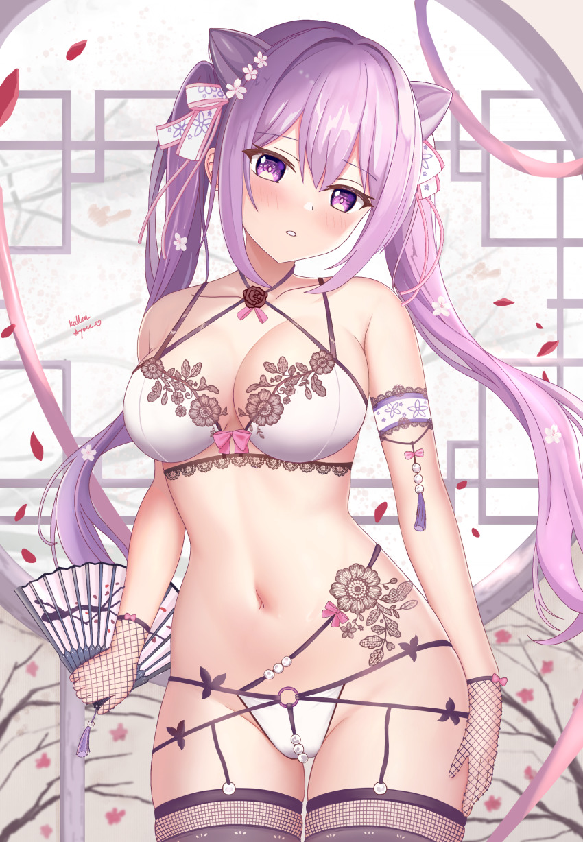 1girl, :o, absurdres, armband, artist_name, black_gloves, black_thighhighs, bra, breasts, chinese_commentary, commentary_request, cone_hair_bun, cowboy_shot, criss-cross_halter, fishnet_gloves, fishnets, floral_print, folding_fan, garter_straps, genshin_impact, gloves, hair_bun, hair_ribbon, halterneck, hand_fan, head_tilt, highres, holding, kallen_ayase, keqing_(genshin_impact), lace, lace-trimmed_bra, lace_trim, large_breasts, lingerie, long_hair, looking_at_viewer, multi-strapped_panties, navel, o-ring, o-ring_bottom, o-ring_panties, panties, parted_lips, petals, purple_eyes, purple_hair, ribbon, signature, stomach_tattoo, string_panties, tattoo, thighhighs, twintails, underwear, underwear_only, white_bra, white_panties, white_ribbon