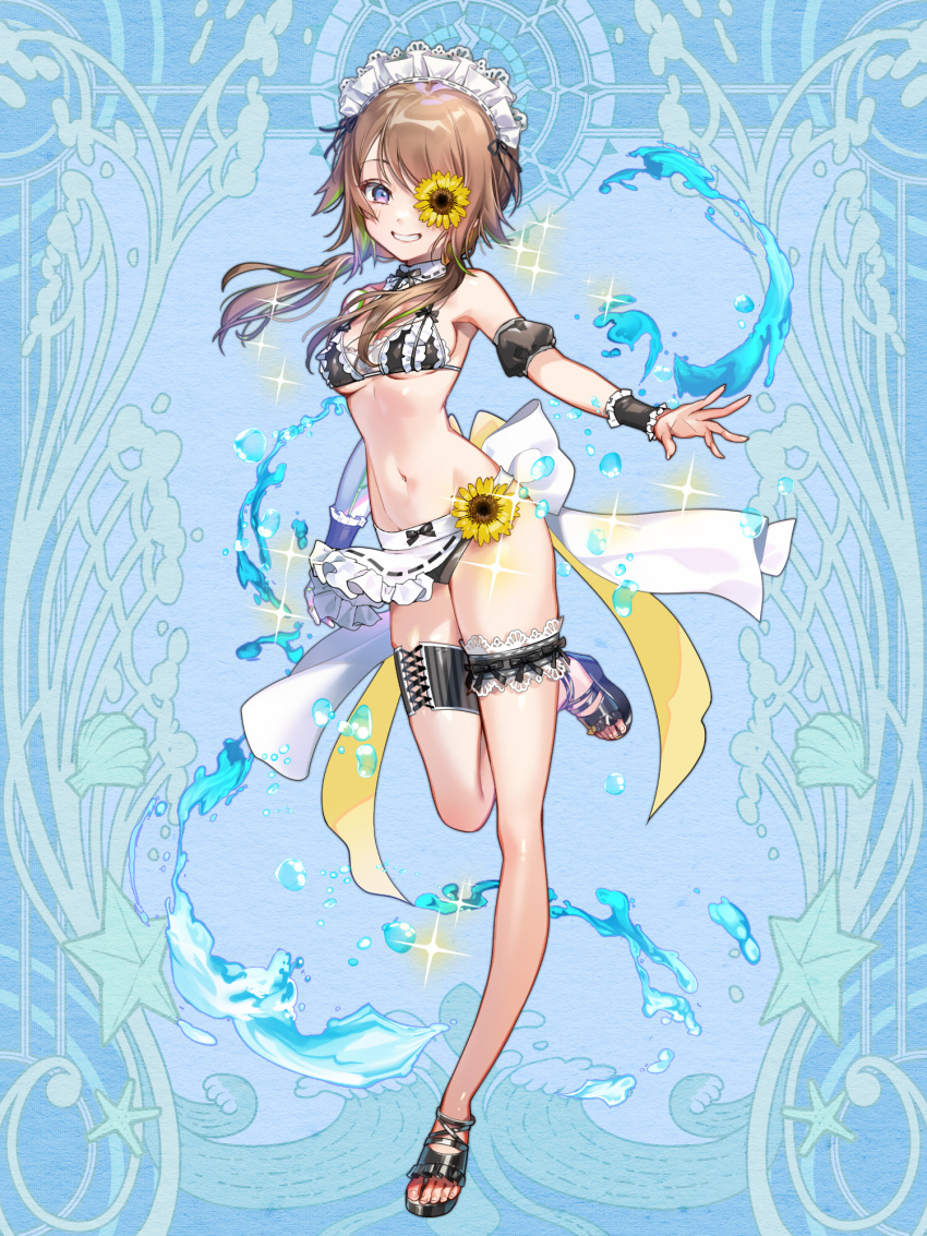 1girl, bikini, blue_background, blush, breasts, brown_hair, dairoku_ryouhei, feet