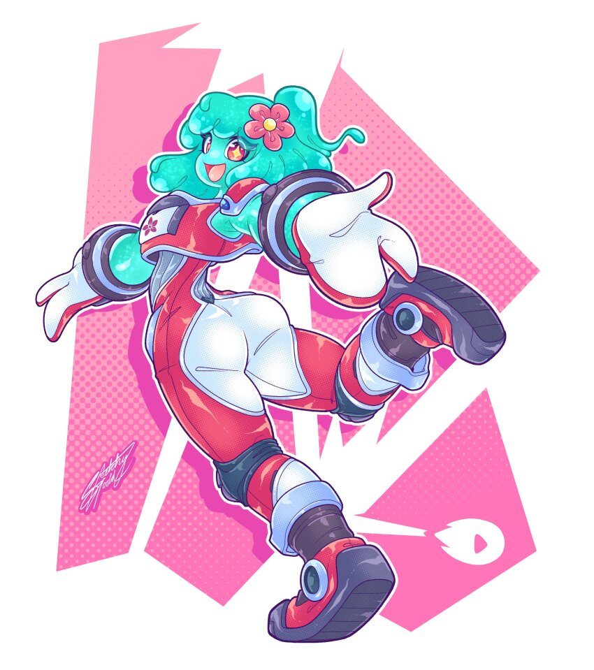 1girl, absurdres, aqua_hair, aqua_skin, armor, ass, blue_skin, boots, breasts, colored_skin, flower, flower_on_head, gloves, happy, highres, juno_(omega_strikers), large_breasts, looking_back, mecha_pilot_suit, monster_girl, omega_strikers, plugsuit_(evangelion), ponytail, red_eyes, shoes, sketchytodd, slime_girl, smile