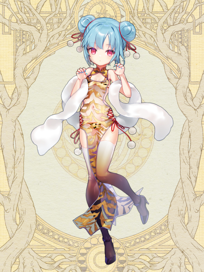 1girl, animal_print, bikini, blue_hair, blue_nails, breasts, china_dress, chinese_clothes, dairoku_ryouhei, double_bun, dress, full_body, hair_bun, hands_up, high_heels, highres, kamishiro_cecil, looking_at_viewer, navel, print_bikini, red_eyes, sash, see-through_clothes, see-through_dress, shiropbw, side-tie_bikini_bottom, small_breasts, solo, standing, standing_on_one_leg, swimsuit, thighhighs, tiger_print, white_sash, white_thighhighs