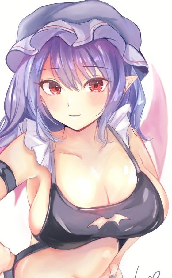 1girl, alternate_breast_size, bare_shoulders, bat_cutout, black_bra, blush, bra, breasts
