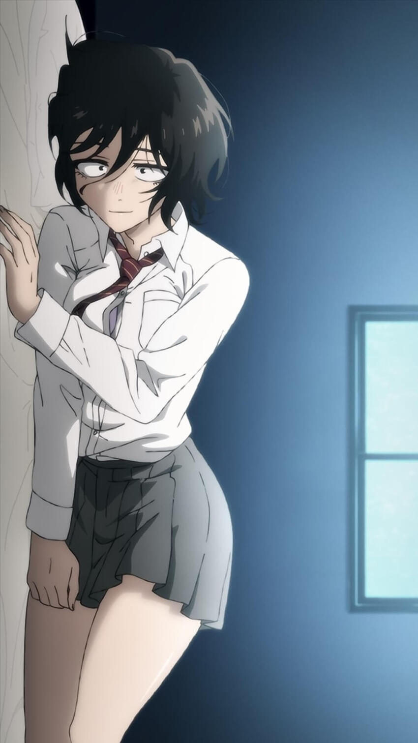 1girl, anime_screenshot, asai_akira, black_eyes, black_hair, blush, grey_skirt, hair_between_eyes