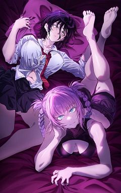 1girl, 2girls, arm_on_thigh, artist_request, asai_akira, barefoot, black_eyes, black_hair