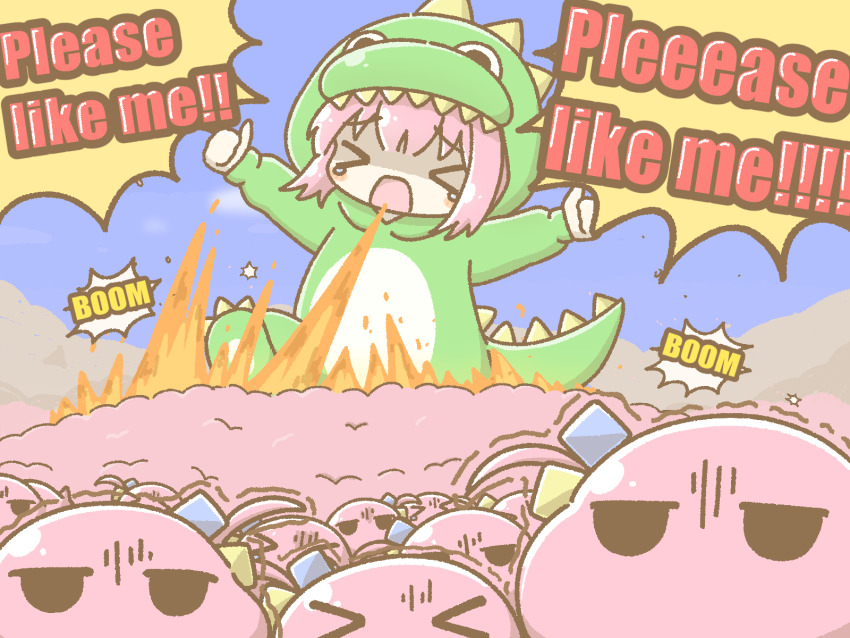 >_<, 1girl, blush, bocchi_the_rock!, breath_weapon, breathing_fire, closed_eyes, dinosaur_costume