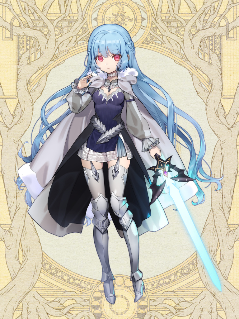 1girl, armor, blue_hair, braid, breasts, cape, choker, dairoku_ryouhei, greaves, grey_thighhighs, hand_up, high_heels, holding, holding_sword, holding_weapon, kamishiro_cecil, long_hair, long_sleeves, looking_at_viewer, red_eyes, shiropbw, small_breasts, solo, standing, sword, thighhighs, weapon, yellow_background