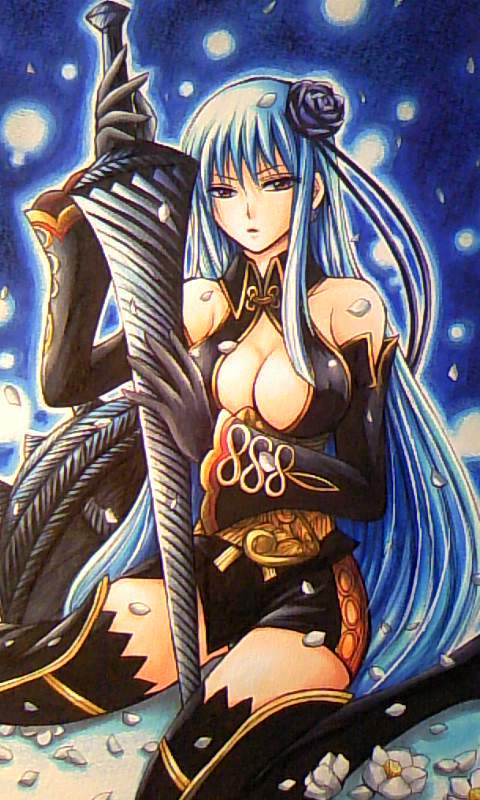 00s, 1girl, bare_shoulders, blue_hair, breasts, cleavage, cosplay, detached_sleeves