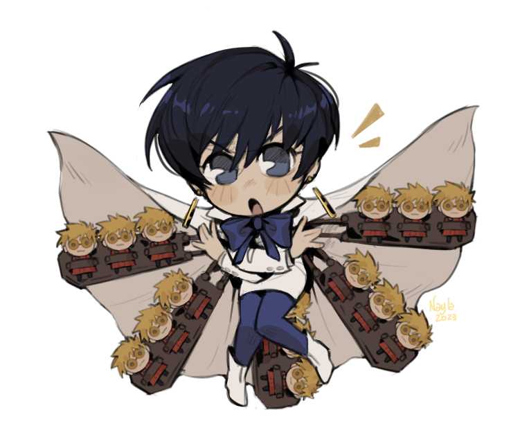 1girl, 6+boys, blonde_hair, blue_eyes, blue_hair, blue_ribbon, cape, chibi