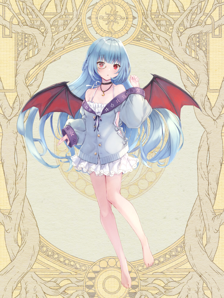 1girl, barefoot, black_choker, blue_hair, choker, dairoku_ryouhei, dress, full_body, hand_up, itoneyu, jewelry, kamishiro_cecil, long_sleeves, monocle, necklace, red_eyes, red_wings, solo, standing, white_dress, wings, yellow_background