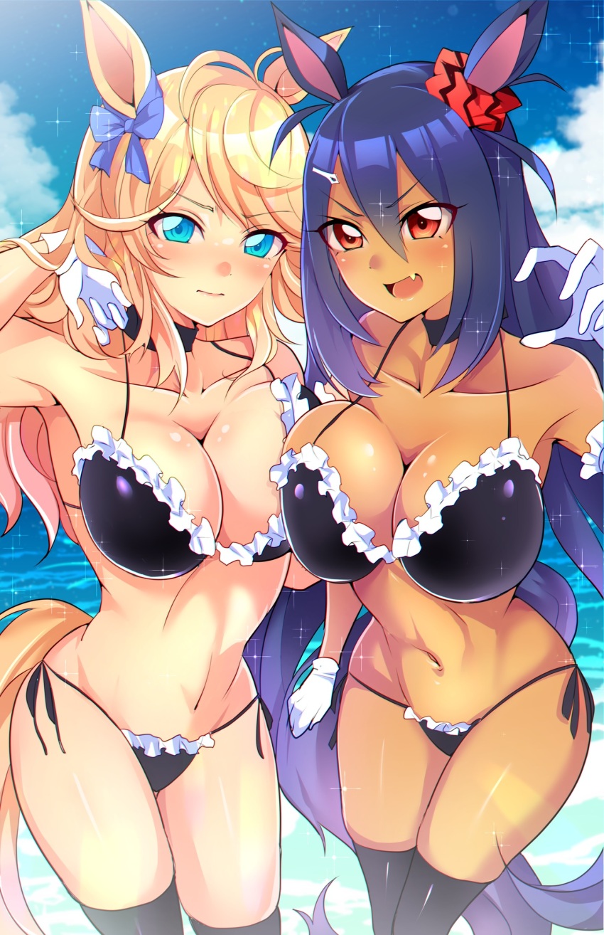 2girls, animal_ears, bikini, black_choker, black_thighhighs, blonde_hair, blue_bow, blue_eyes, blue_hair, blue_sky, blush, bow, breasts, choker, claw_pose, closed_mouth, cloud, cloudy_sky, commentary, commission, cowboy_shot, dark-skinned_female, dark_skin, day, ear_bow, ear_scrunchie, fang, frilled_bikini, frills, frown, gloves, gold_city_(umamusume), halterneck, hand_in_own_hair, highres, hishi_amazon_(umamusume), horse_ears, horse_girl, horse_tail, large_breasts, long_hair, looking_at_viewer, maid, maid_bikini, mitsuki_tayura, multiple_girls, navel, ocean, open_mouth, outdoors, red_eyes, red_scrunchie, scrunchie, side-by-side, side-tie_bikini_bottom, skeb_commission, sky, smile, standing, string_bikini, swimsuit, tail, thighhighs, umamusume, unconventional_maid, white_gloves