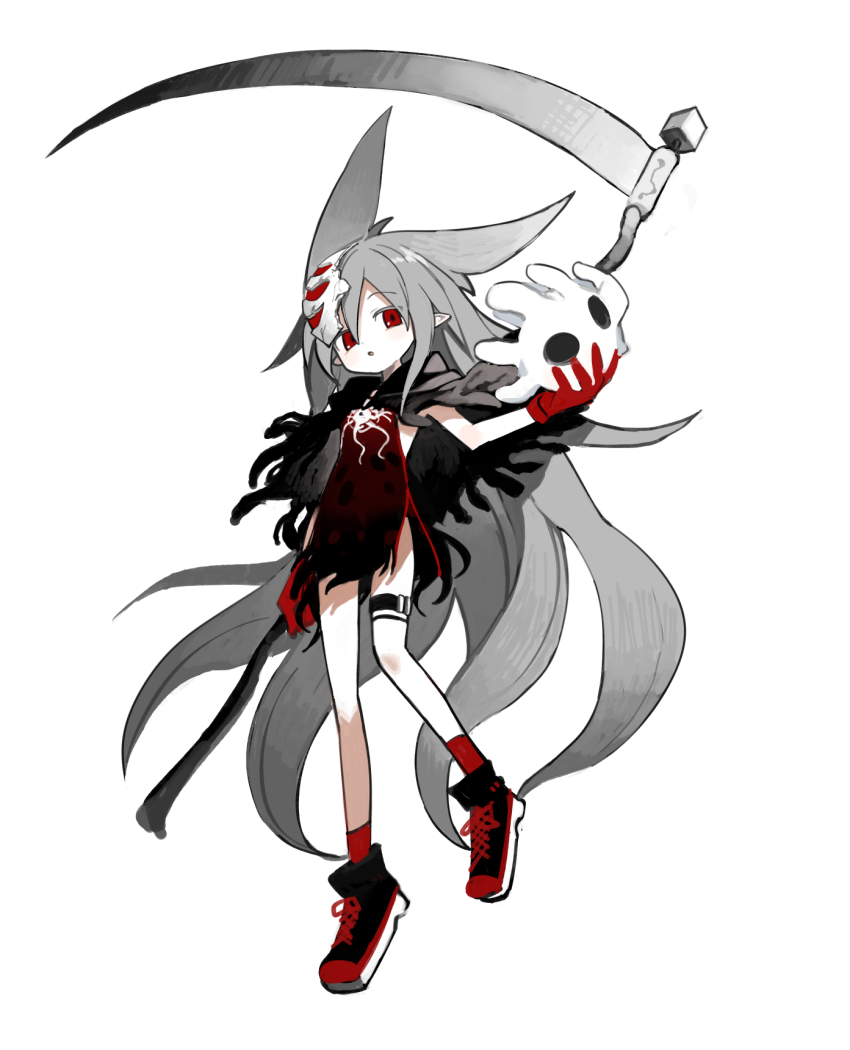 1girl, abysmal, animal_ears, black_capelet, broken_mask, capelet, character_request, commentary_request, creature, extra_ears, floating_hair, full_body, gloves, grey_hair, highres, holding, holding_creature, holding_scythe, kokaki_mumose, long_hair, mask, mask_on_head, moneko_(kokaki_mumose), naked_tabard, pointy_ears, red_eyes, red_gloves, red_socks, red_tabard, reverse_grip, scythe, shoes, simple_background, sneakers, socks, solo, tabard, thigh_strap, very_long_hair, white_background