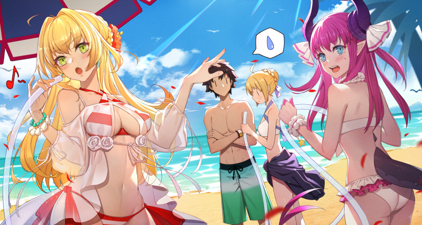 1boy, 3girls, ahoge, artoria_pendragon_(fate), beach, beach_umbrella, bead_bracelet, beads