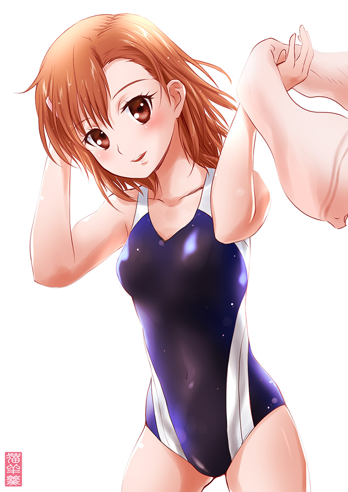 1girl, 2020, 20s, bare_shoulders, blue_one-piece_swimsuit, blush, breasts, brown_eyes