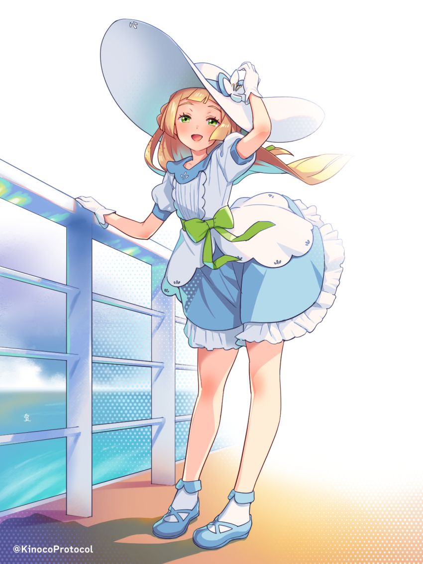 1girl, :d, arm_up, blonde_hair, blue_shoes, blush, bow, commentary_request