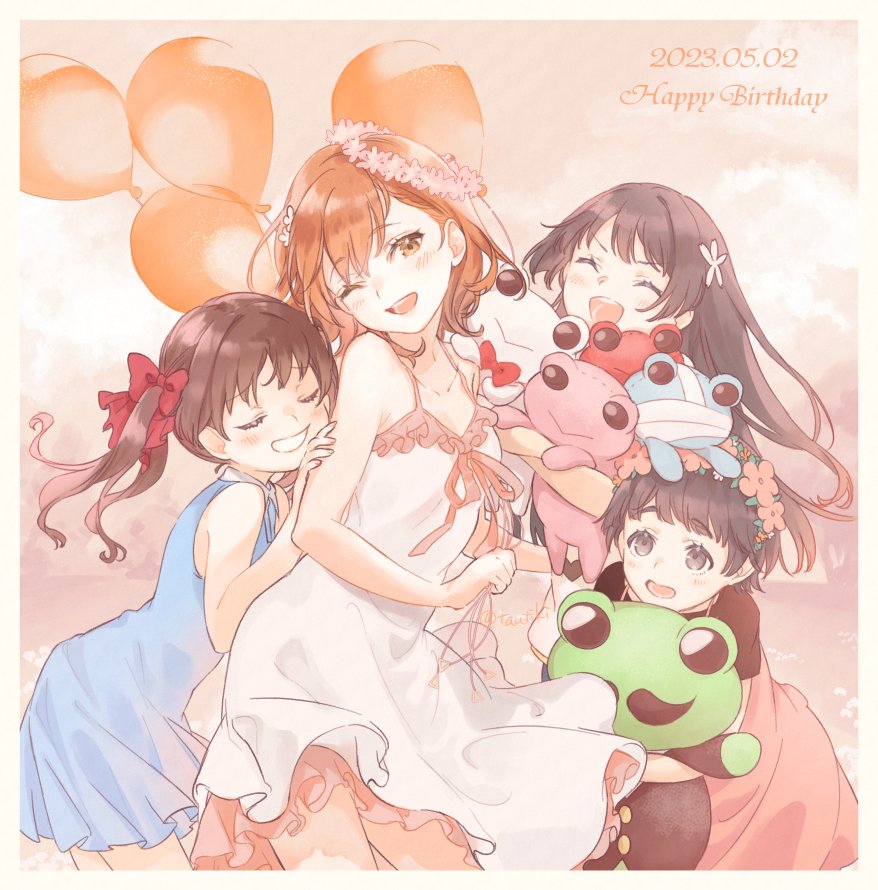 4girls, :d, balloon, bandaged_head, bandages, birthday, black_shirt, blue_dress