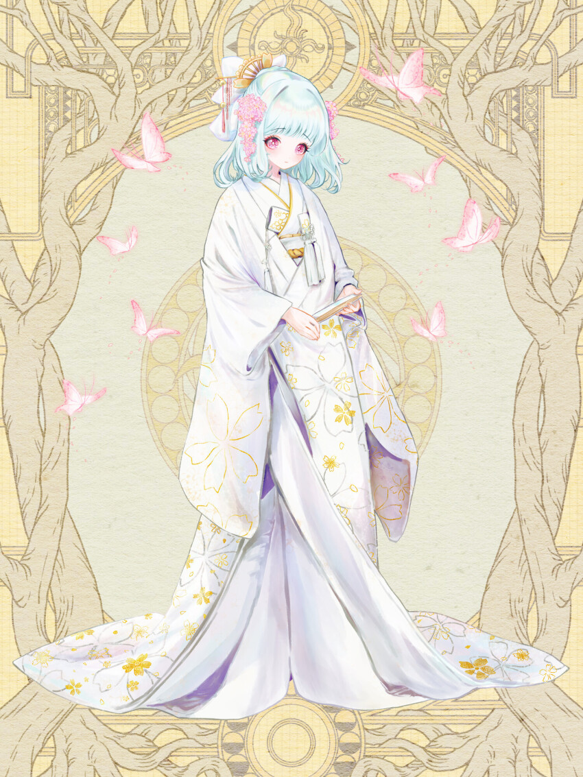 1girl, bow, bug, butterfly, dairoku_ryouhei, floral_print, flower, folding_fan