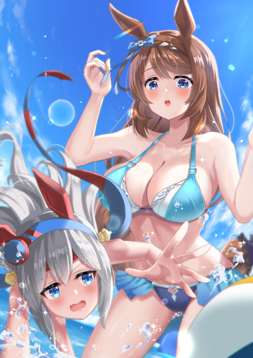 2girls, alternate_costume, animal_ears, ball, beach, beachball, bikini, blue_bikini
