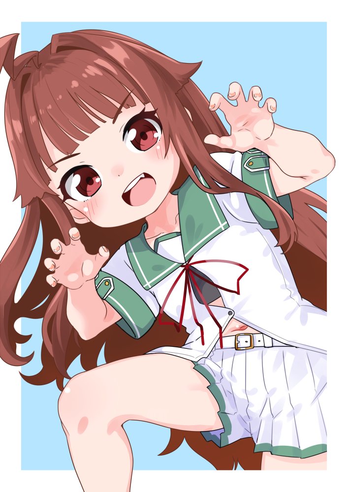 1girl, ahoge, aqua_sailor_collar, brown_eyes, brown_hair, curled_fingers, fang, feet_out_of_frame