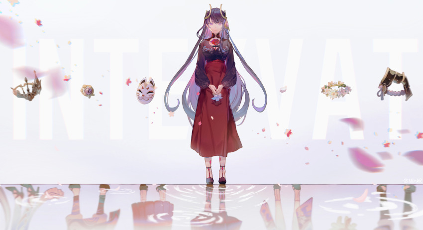 1girl, absurdres, armor, blunt_bangs, commentary, commentary_request, crown, falling_petals