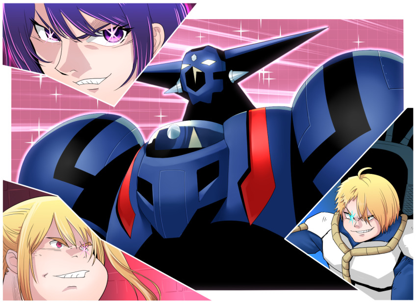 1boy, 2girls, ahoge, aosode, blonde_hair, commentary_request, getter_robo, glowing