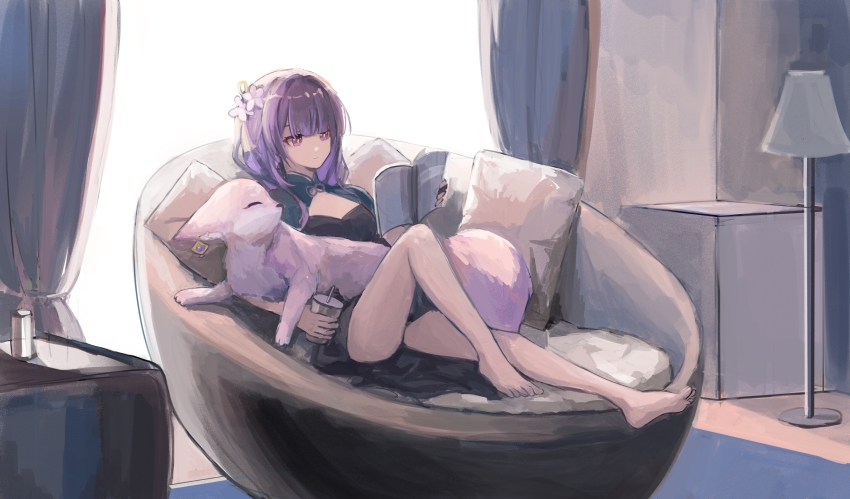 1girl, absurdres, animal, animal_ears, bare_legs, barefoot, book, chair, contemporary, cup, curtains, earrings, genshin_impact, hair_ornament, highres, holding, holding_book, holding_cup, huanxiangfengmi09151, indoors, jewelry, lamp, light_rays, lying, pillow, purple_eyes, purple_hair, raiden_shogun, reading, rug, shorts, sitting, solo, table, tail, window, yae_miko, yae_miko_(fox)