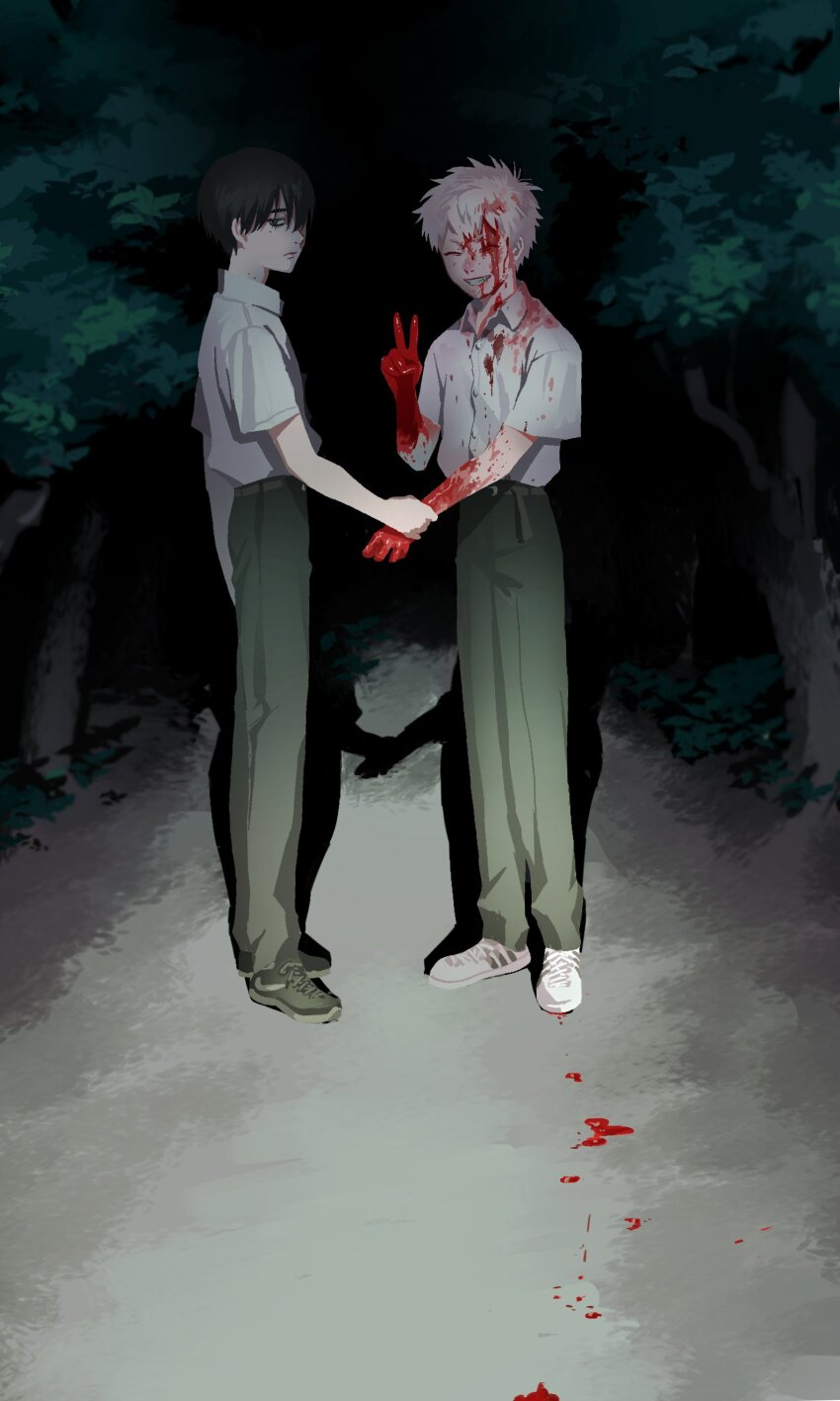 2boys, absurdres, arm_at_side, belt, black_hair, blood, blood_in_hair, blood_on_arm