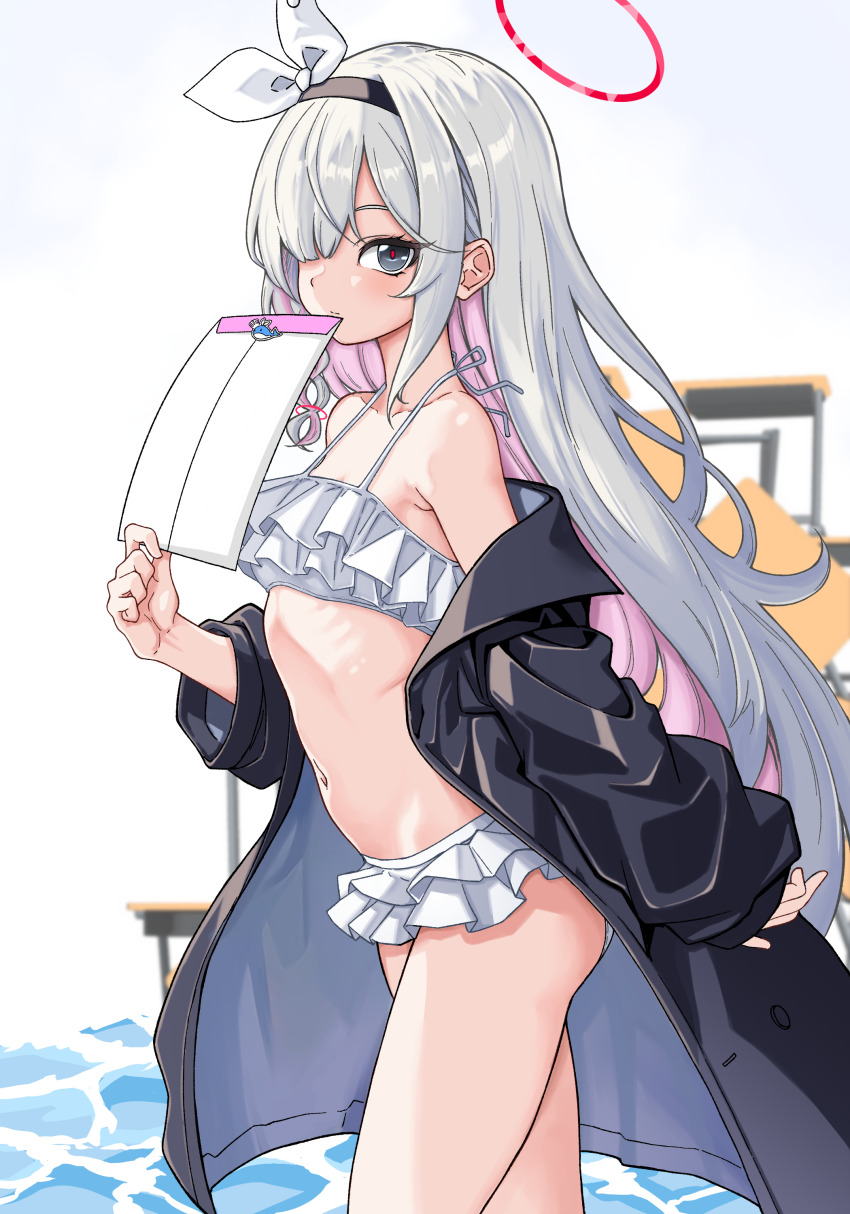 1girl, absurdres, bikini, black_hairband, black_jacket, blue_archive, flat_chest, frilled_bikini
