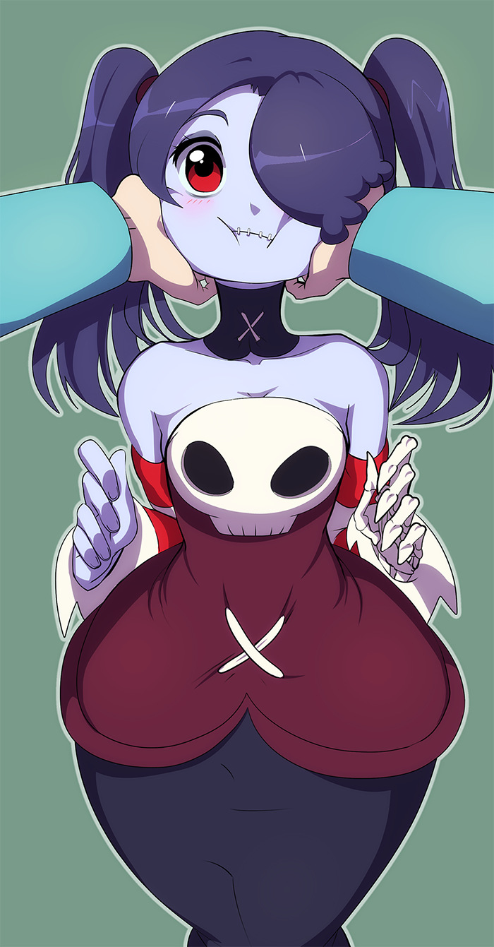 1girl, bare_shoulders, blue_hair, blue_skin, blush, breasts, colored_skin, detached_collar, detached_sleeves, dogscribss, hair_over_one_eye, hands_on_cheeks, highres, long_skirt, medium_breasts, purple_hair, side_ponytail, skirt, skull, skullgirls, squigly_(skullgirls), stitched_mouth, stitches, striped_sleeves, twintails, zombie