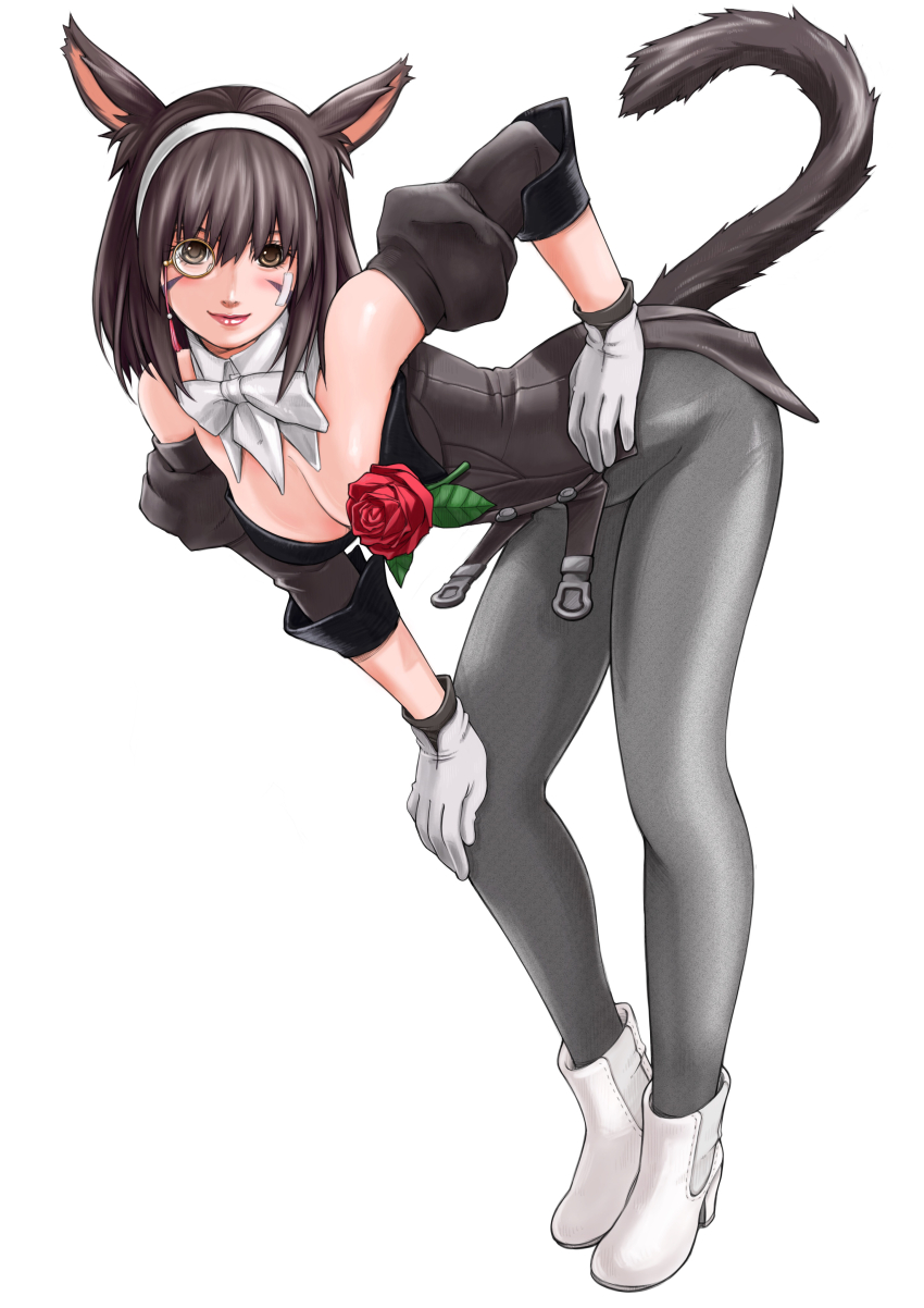 1girl, absurdres, animal_ears, ankle_boots, bandaid, bandaid_on_cheek, bandaid_on_face, bent_over