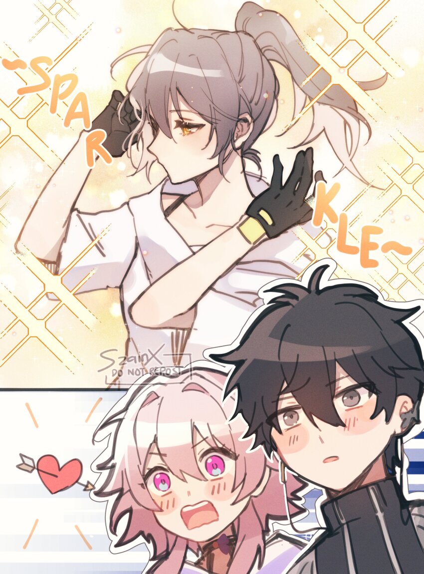 1boy, 2girls, absurdres, alternate_hairstyle, black_eyes, black_gloves, black_hair, black_sweater, blush, collarbone, dan_heng_(honkai:_star_rail), dan_heng_(hunt)_(honkai:_star_rail), earrings, gloves, grey_hair, heart, heart_of_string, high_ponytail, highres, honkai:_star_rail, honkai_(series), jewelry, march_7th_(honkai:_star_rail), medium_hair, multiple_girls, pink_eyes, pink_hair, ponytail, shirt, short_hair_with_long_locks, stelle_(honkai:_star_rail), sweater, szainx, trailblazer_(honkai:_star_rail), turtleneck, turtleneck_sweater, white_shirt, yellow_eyes