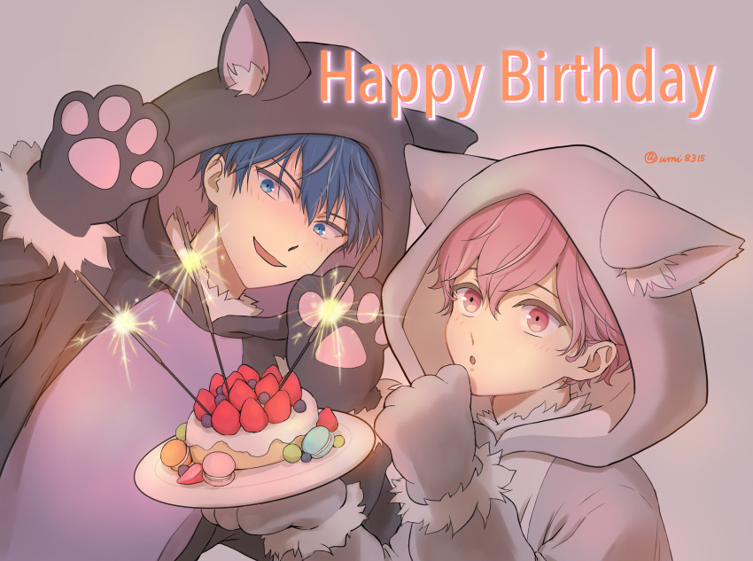 2boys, aged_down, animal_costume, animal_hands, blue_eyes, blue_hair, blush, cake