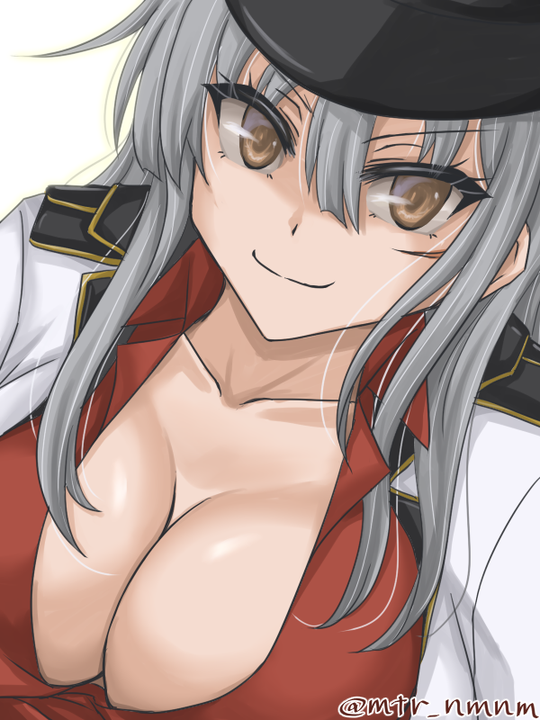 1girl, black_hat, breasts, brown_eyes, cleavage, closed_mouth, collarbone, collared_shirt, dress_shirt, facial_scar, gangut_(kancolle), grey_hair, hair_between_eyes, hat, jacket, kantai_collection, large_breasts, light_smile, long_hair, looking_at_viewer, mattari_numenume, one-hour_drawing_challenge, open_clothes, open_jacket, red_shirt, scar, scar_on_cheek, scar_on_face, shirt, simple_background, solo, twitter_username, upper_body, white_jacket