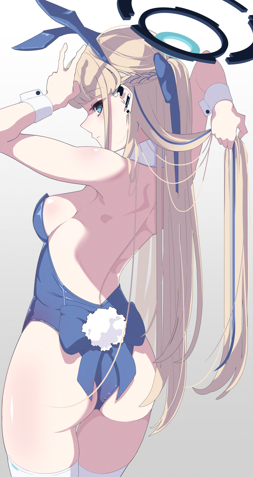 1girl, absurdres, animal_ears, arms_up, ass, backless_leotard, bare_shoulders, blonde_hair
