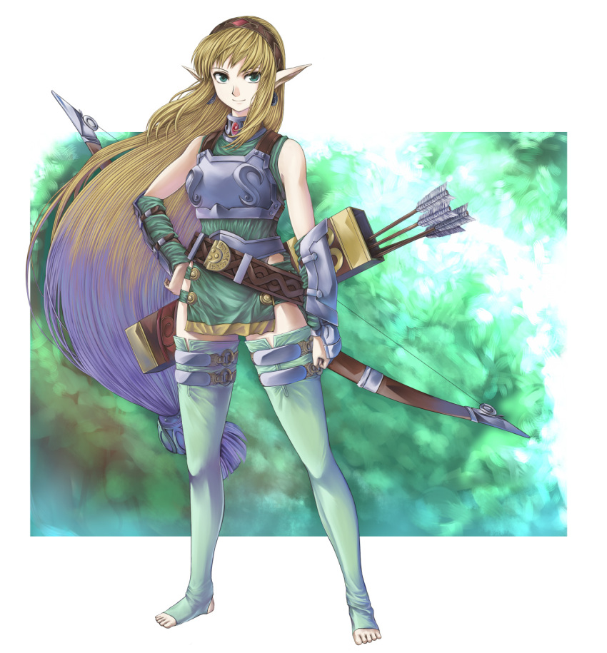 1girl, armor, arrow_(projectile), barefoot, belt, blonde_hair, bow_(weapon), culdcept, elf, enu_(n_storage), female_focus, headband, highres, kigi, legs, long_hair, pointy_ears, quiver, smile, solo, thighhighs, toeless_legwear, very_long_hair, weapon