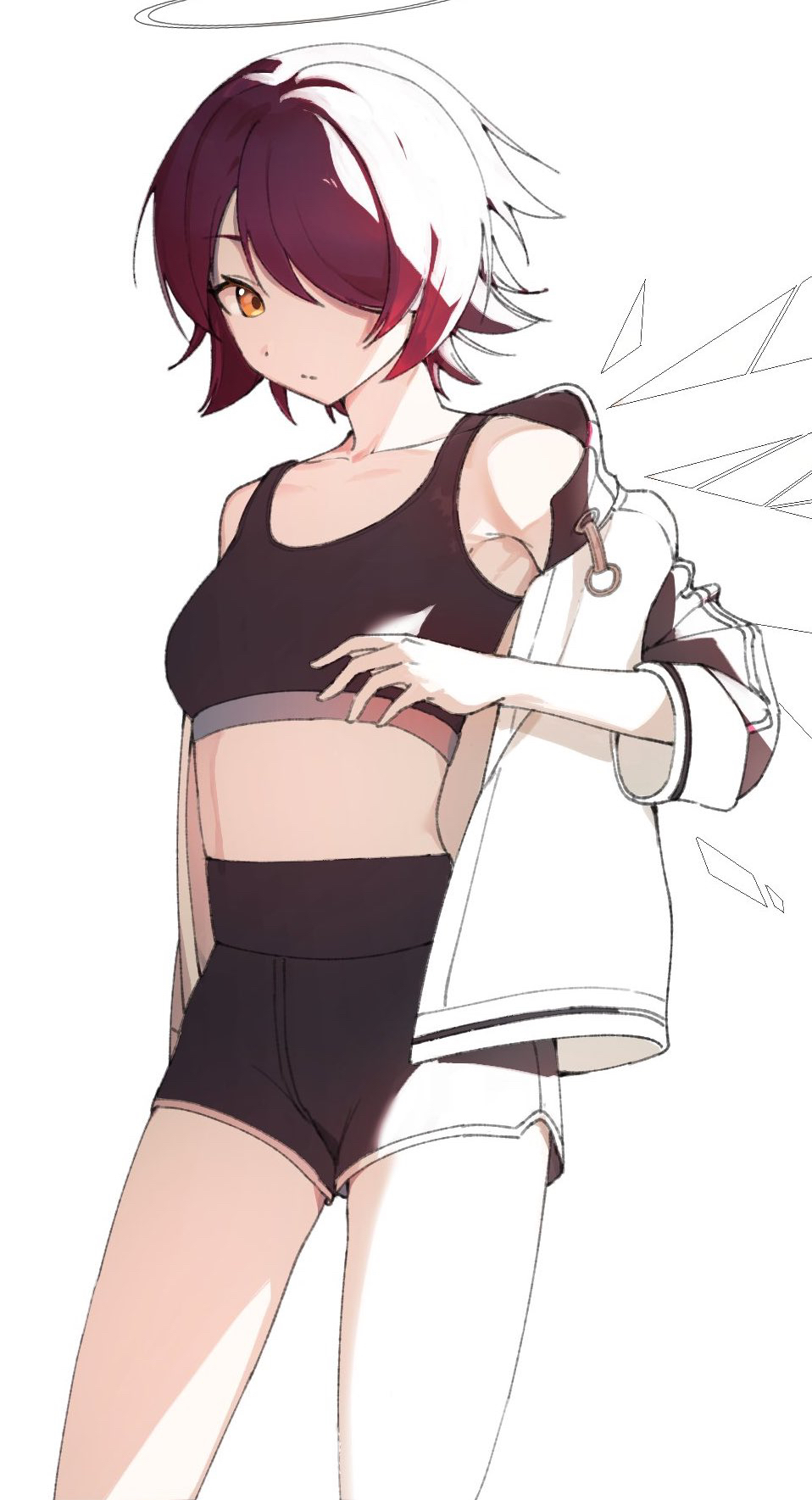 1girl, arknights, bare_shoulders, black_shorts, breasts, commentary_request, cowboy_shot, crop_top, exusiai_(arknights), halo, highres, jacket, looking_at_viewer, midriff, mikeekakiaka2, off_shoulder, open_clothes, open_jacket, orange_eyes, red_hair, short_hair, short_shorts, shorts, simple_background, small_breasts, solo, sports_bra, standing, thighs, white_background