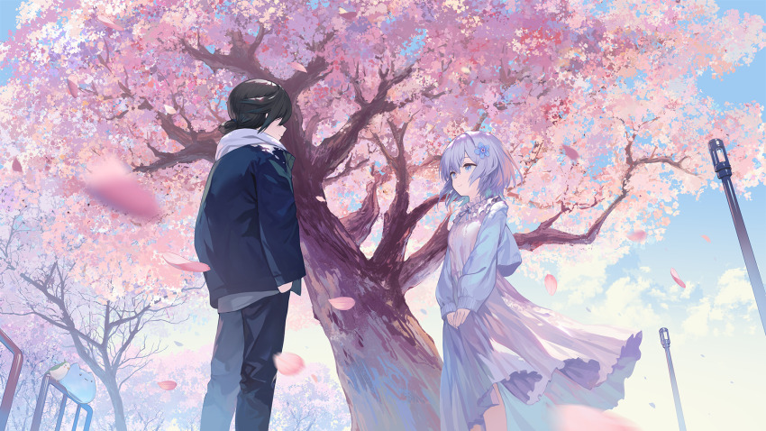 2girls, black_hair, black_jacket, black_pants, blue_eyes, blue_flower, blue_hair, blue_jacket