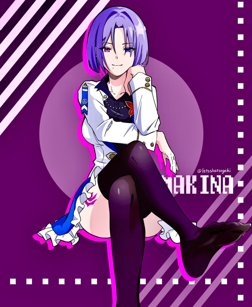 1girl, assault_lily, black_shirt, black_thighhighs, blue_eyes, blue_skirt, bob_cut, breasts