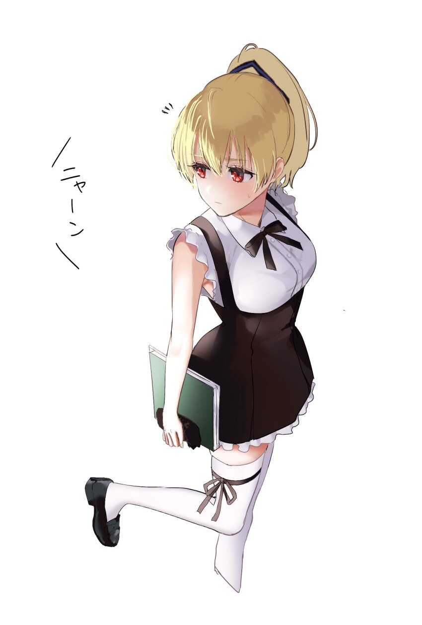1girl, ando_tazusa, arms_at_sides, assault_lily, bare_arms, black_ribbon, black_shoes, black_skirt, blonde_hair, breasts, buttons, closed_mouth, collared_shirt, cropped_legs, foot_out_of_frame, frilled_shirt, frilled_skirt, frills, from_above, hair_between_eyes, high-waist_skirt, highres, holding, holding_notebook, kanon_mone, leg_ribbon, leg_up, loafers, looking_away, looking_to_the_side, medium_breasts, miniskirt, neck_ribbon, notebook, notice_lines, ponytail, red_eyes, ribbon, school_uniform, shirt, shoes, short_hair, simple_background, skirt, sleeveless, sleeveless_shirt, solo, standing, standing_on_one_leg, suspender_skirt, suspenders, sweatdrop, thigh_ribbon, thighhighs, translated, white_background, white_shirt, white_thighhighs, yurigaoka_girls_academy_school_uniform