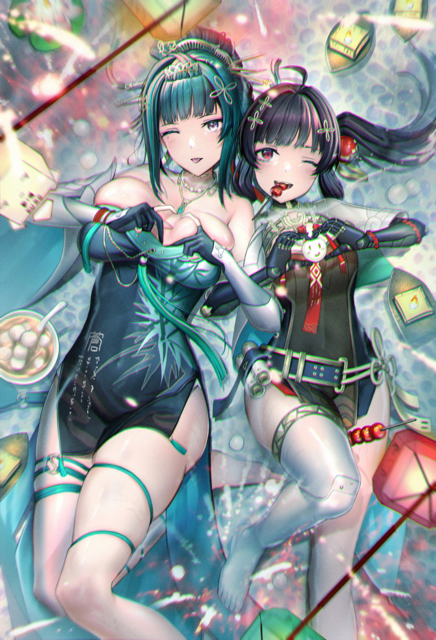 2girls, ahoge, black_hair, breasts, chinese_clothes, cleavage, dress, food_in_mouth