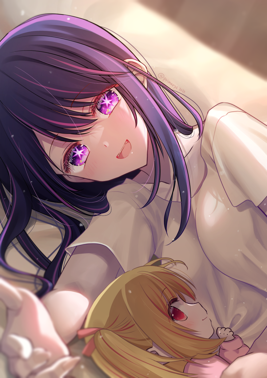 2girls, blonde_hair, breasts, collarbone, commentary_request, highres, hoshino_ai, hoshino_ruby